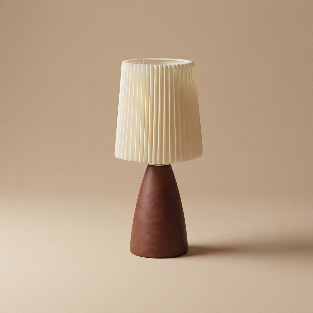 Retro Style Pleated Table Lamp - Rechargeable & Dimmable (Walnut Finish)