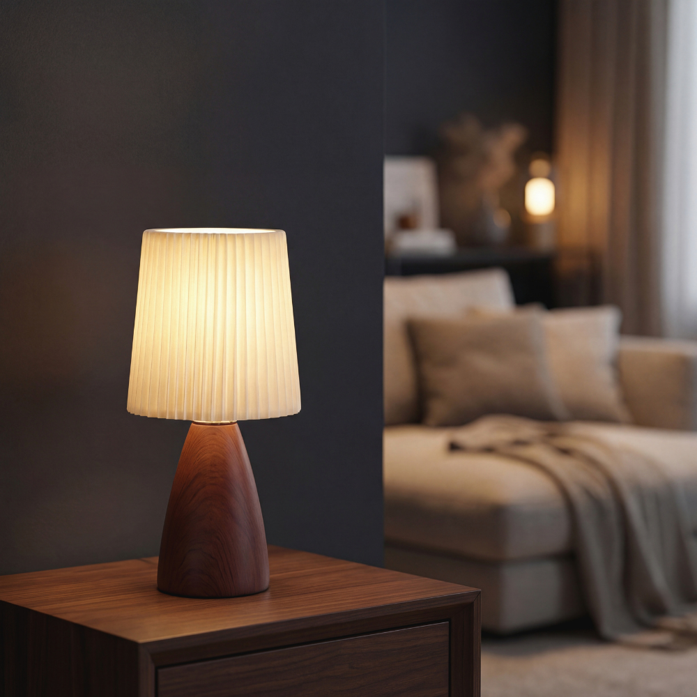 Retro Style Pleated Table Lamp - Rechargeable & Dimmable (Walnut Finish)