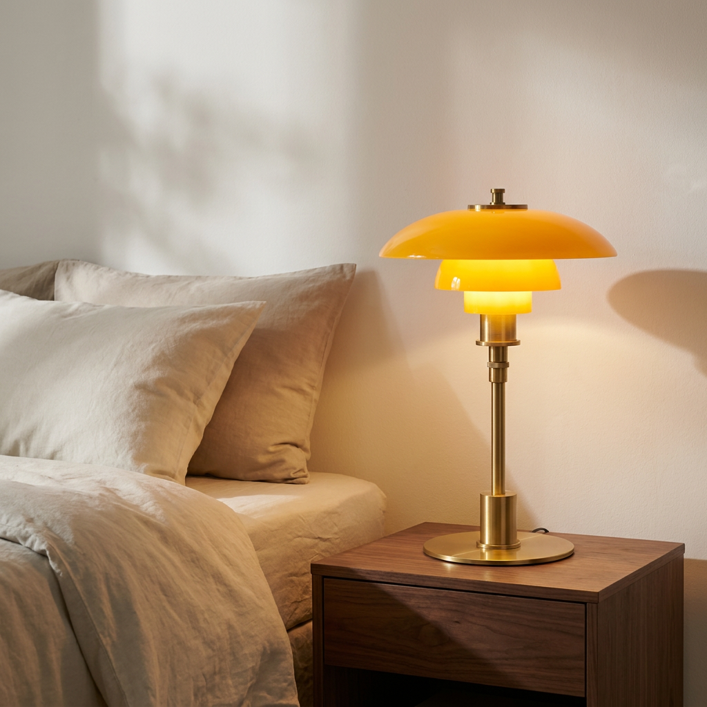 Halo Danish Designer Table Lamp at bedside in soft evening glow
