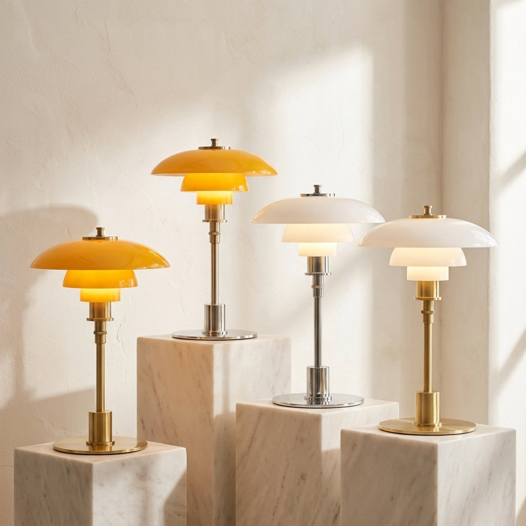 Halo Danish Designer Table Lamp colorway group on marble plinths