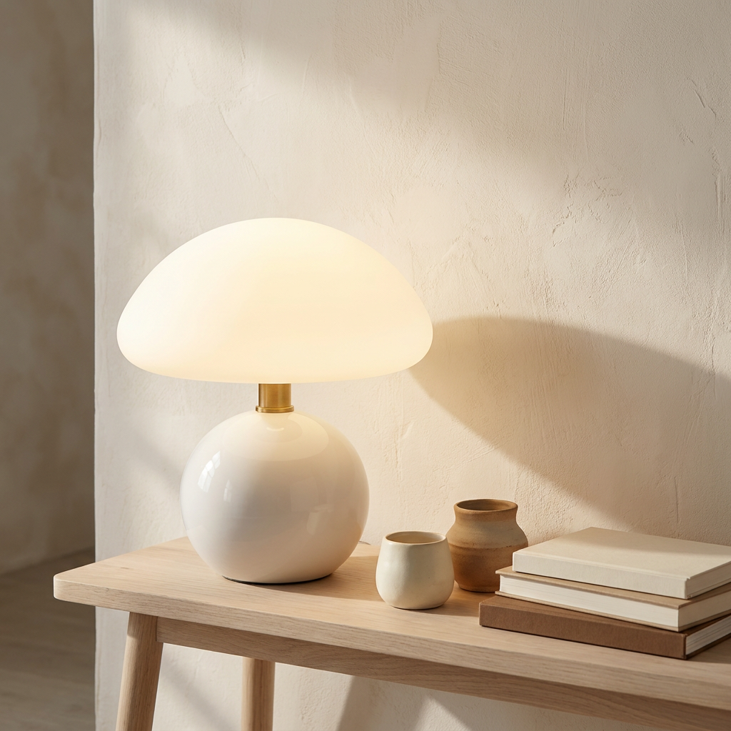 Halo Mushroom Ceramic Table Lamp on a pale wood bench styled with ceramics