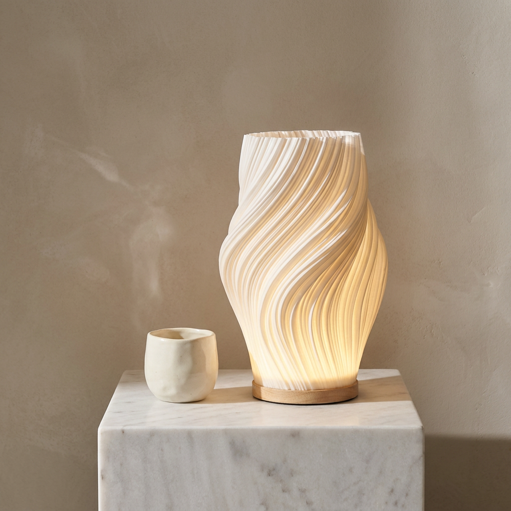Halo Wavecrest Sculptural Table Lamp on a marble plinth surface vignette