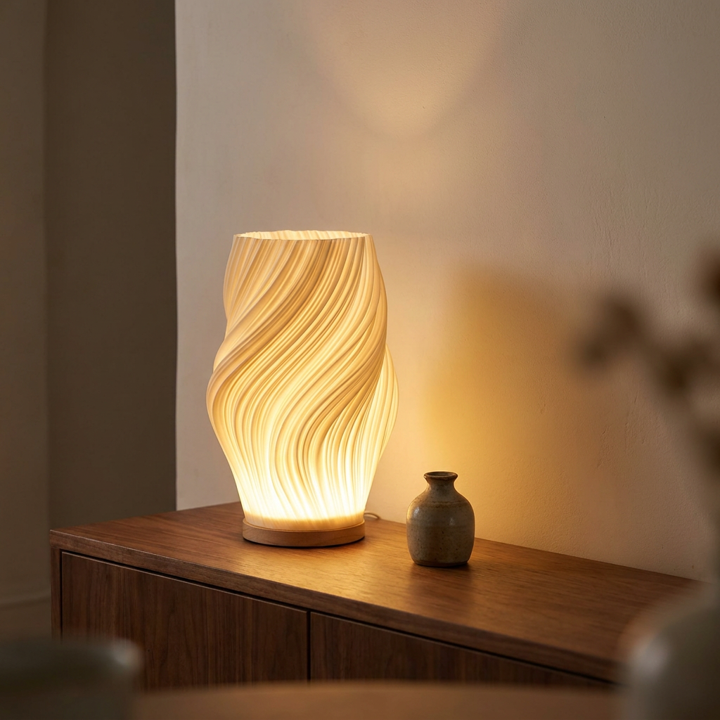 Halo Wavecrest Sculptural Table Lamp on a walnut console in soft evening glow