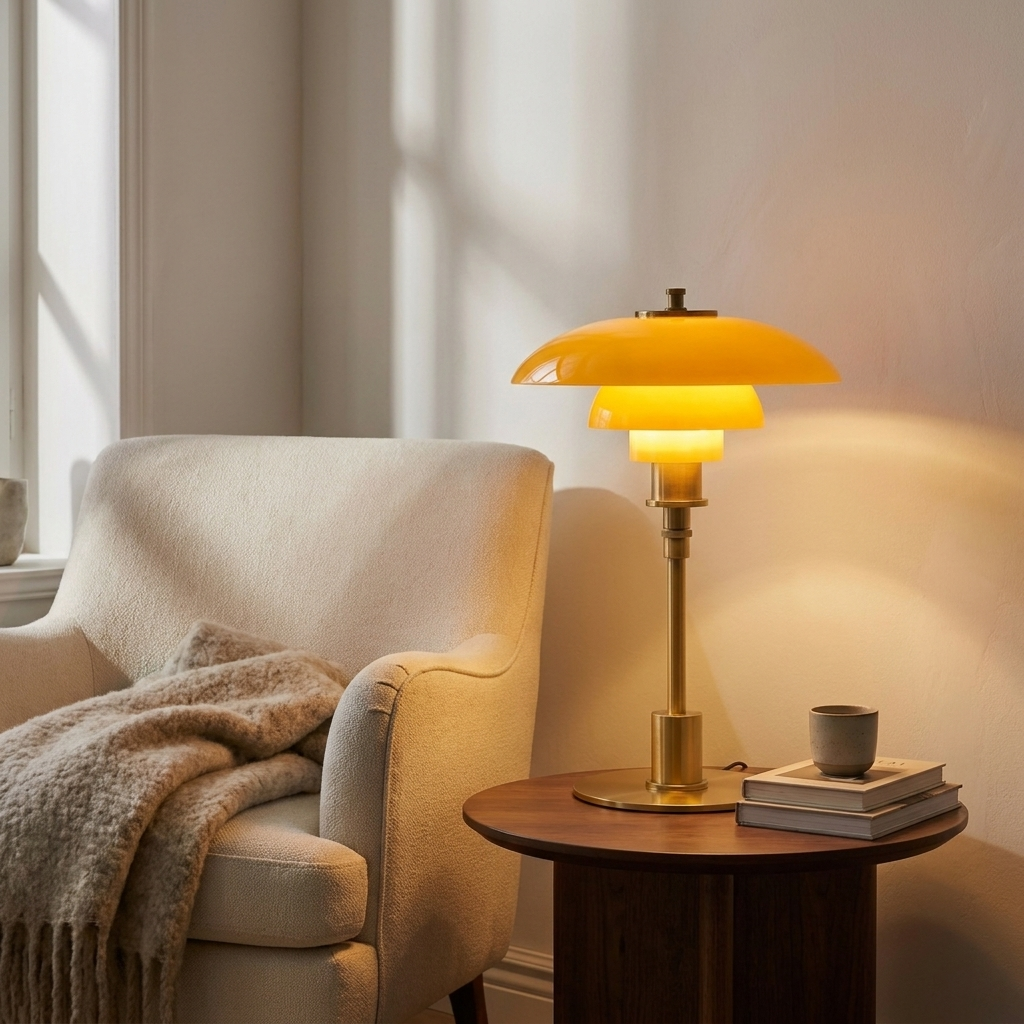 Halo Danish Designer Table Lamp in a reading nook in soft evening glow