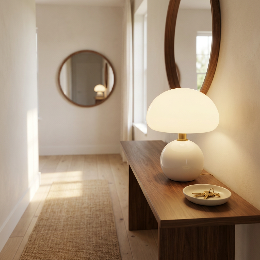 Halo Mushroom Ceramic Table Lamp in a calm entryway with a walnut console
