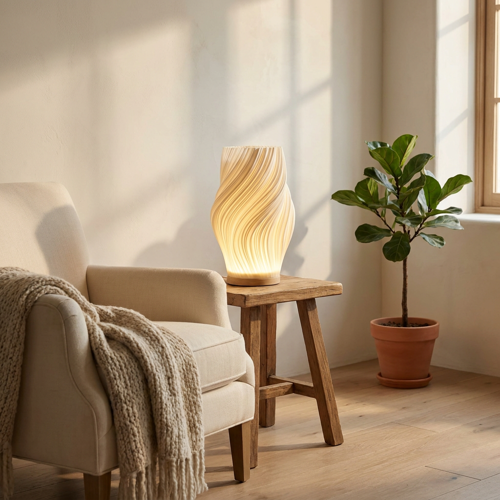Halo Wavecrest Sculptural Table Lamp in a reading nook with a cream armchair