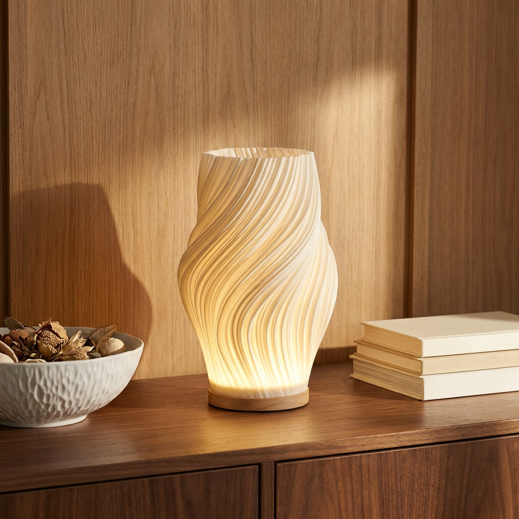 Halo Wavecrest Sculptural Table Lamp on a walnut console against wood-paneled wall