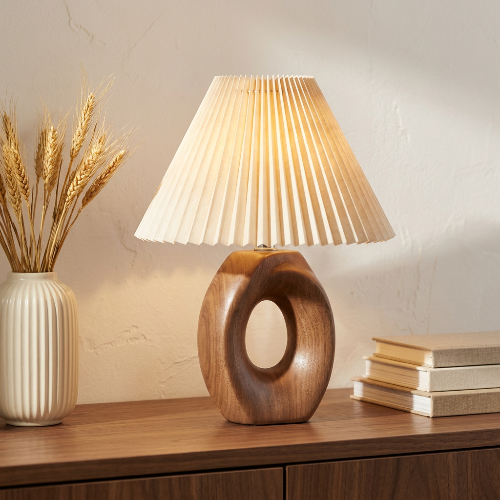 Halo Solace Sculpted Wood Table Lamp on a walnut sideboard styled with stoneware, cordless