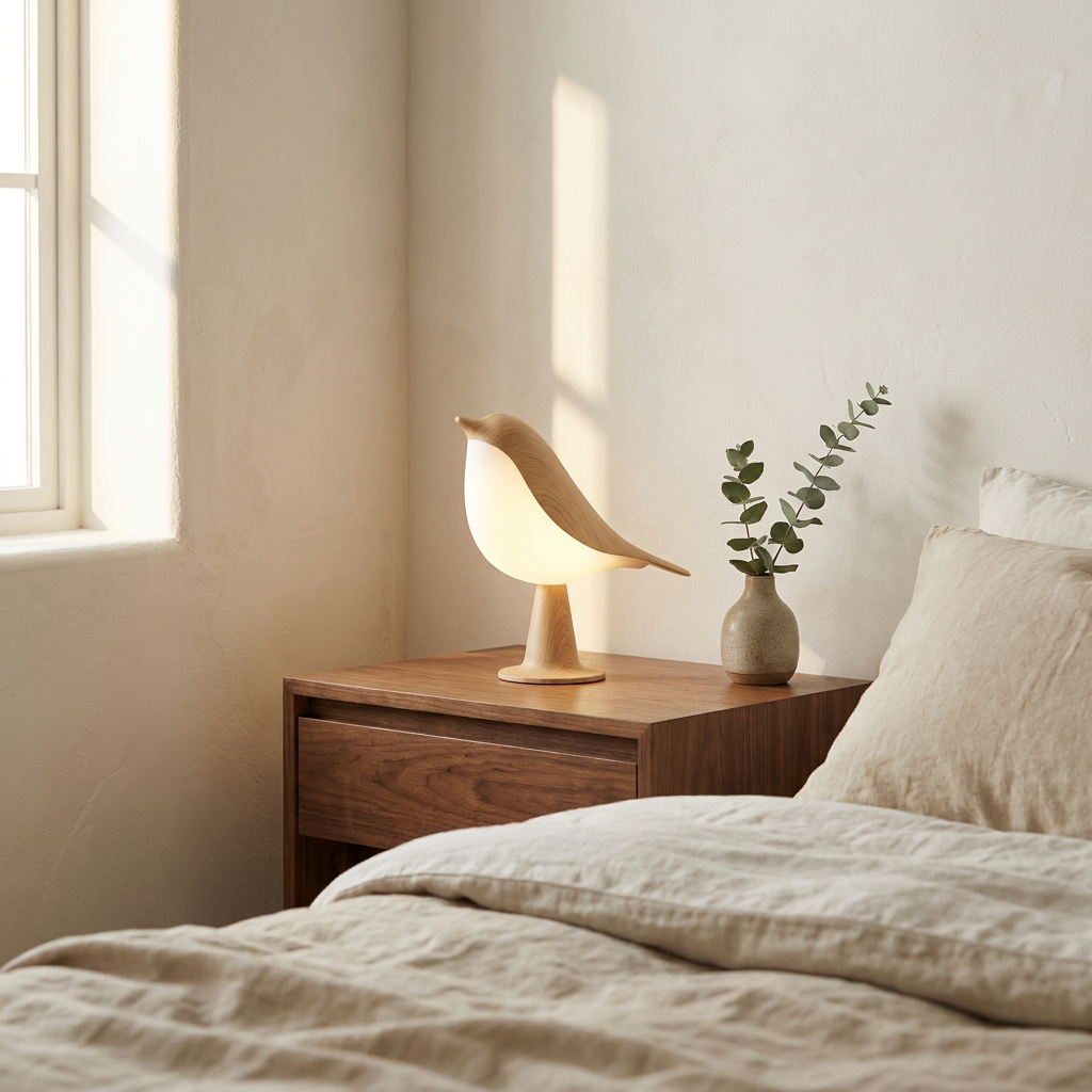 Halo Avira Bird Accent Table Lamp on a walnut nightstand in a calm bedroom, cordless