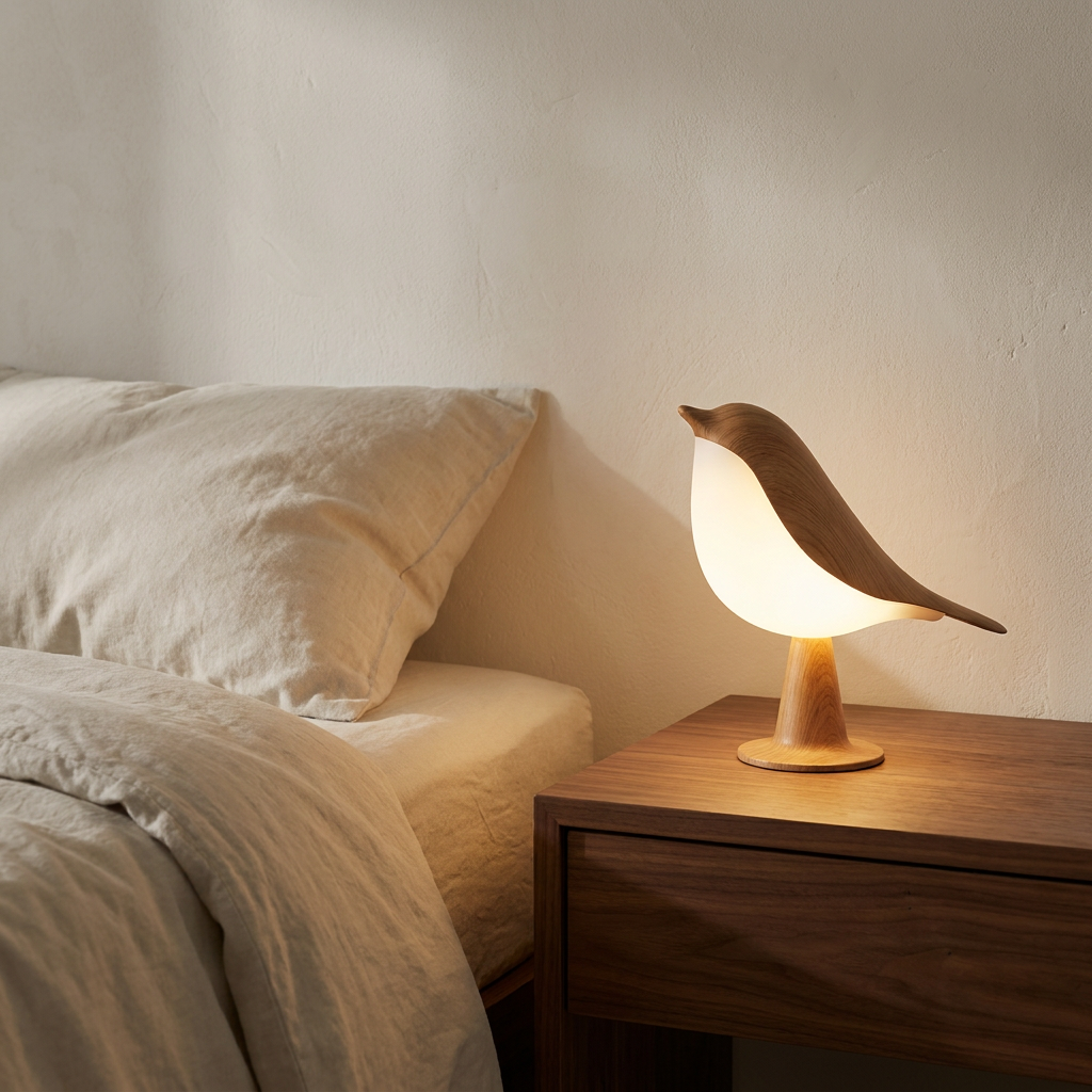 Halo Avira Bird Accent Table Lamp at bedside in soft evening glow, cordless