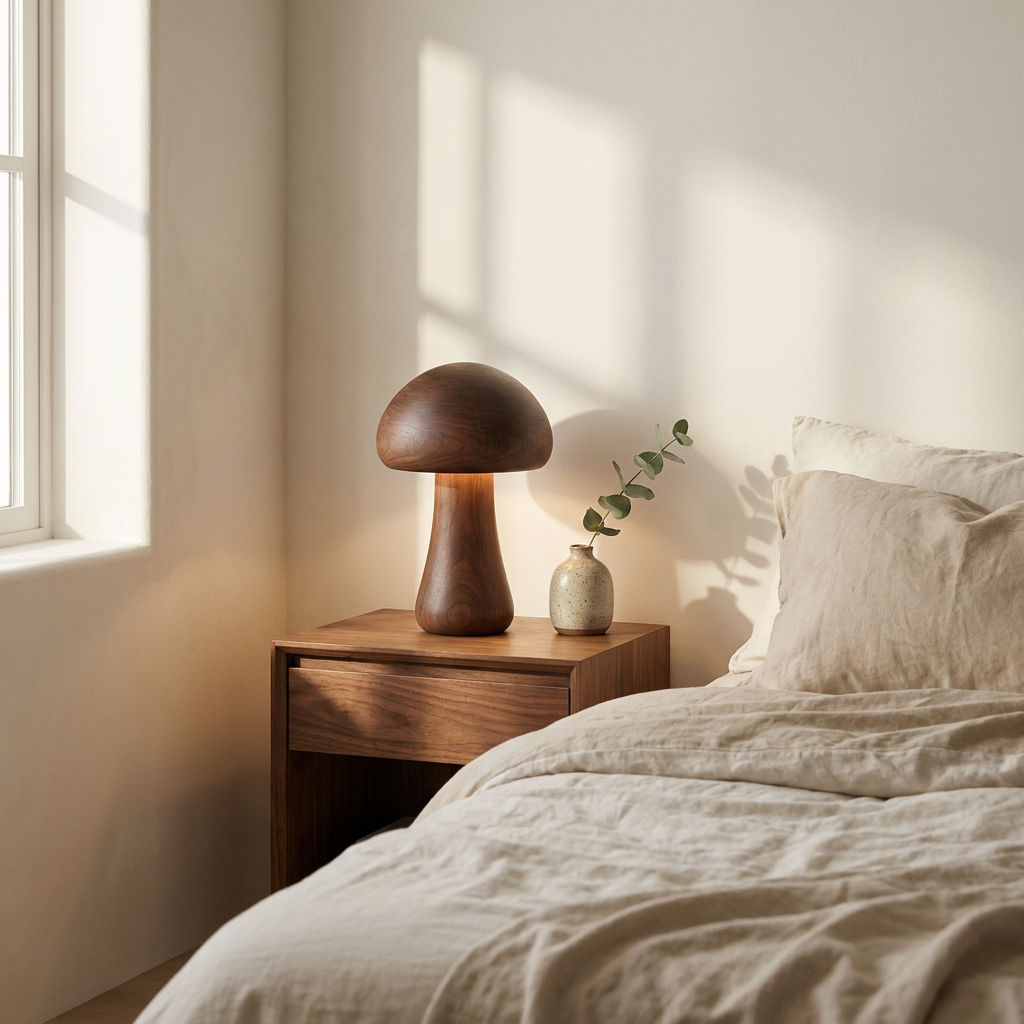 Halo Glow Mushroom Wood Table Lamp on a walnut nightstand in a calm bedroom, cordless