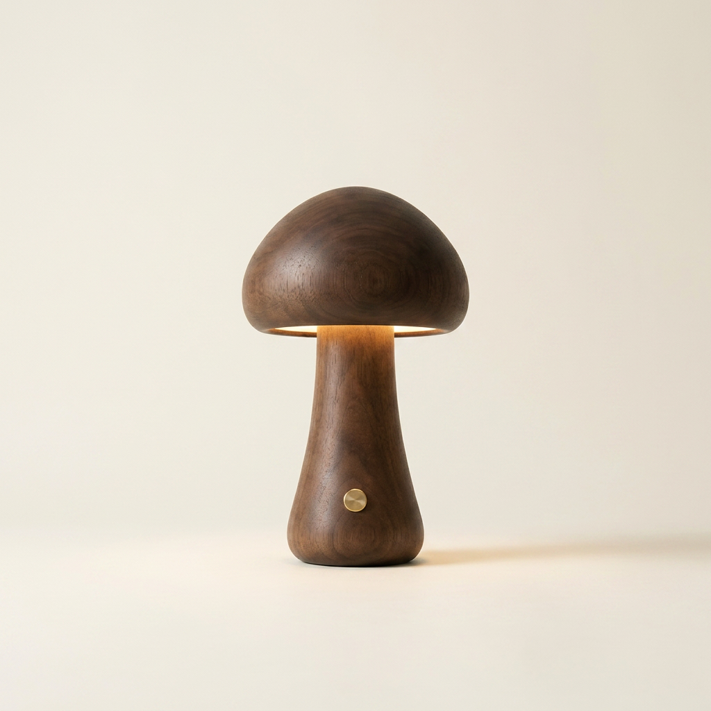 Halo Glow Mushroom Wood Table Lamp isolated studio shot, cordless