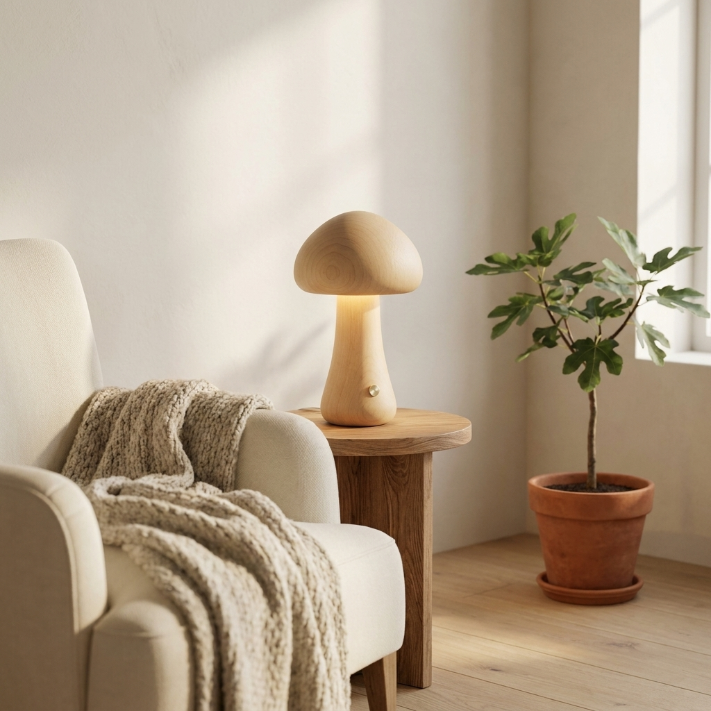 Halo Glow Mushroom Wood Table Lamp Birch finish in a reading nook, cordless