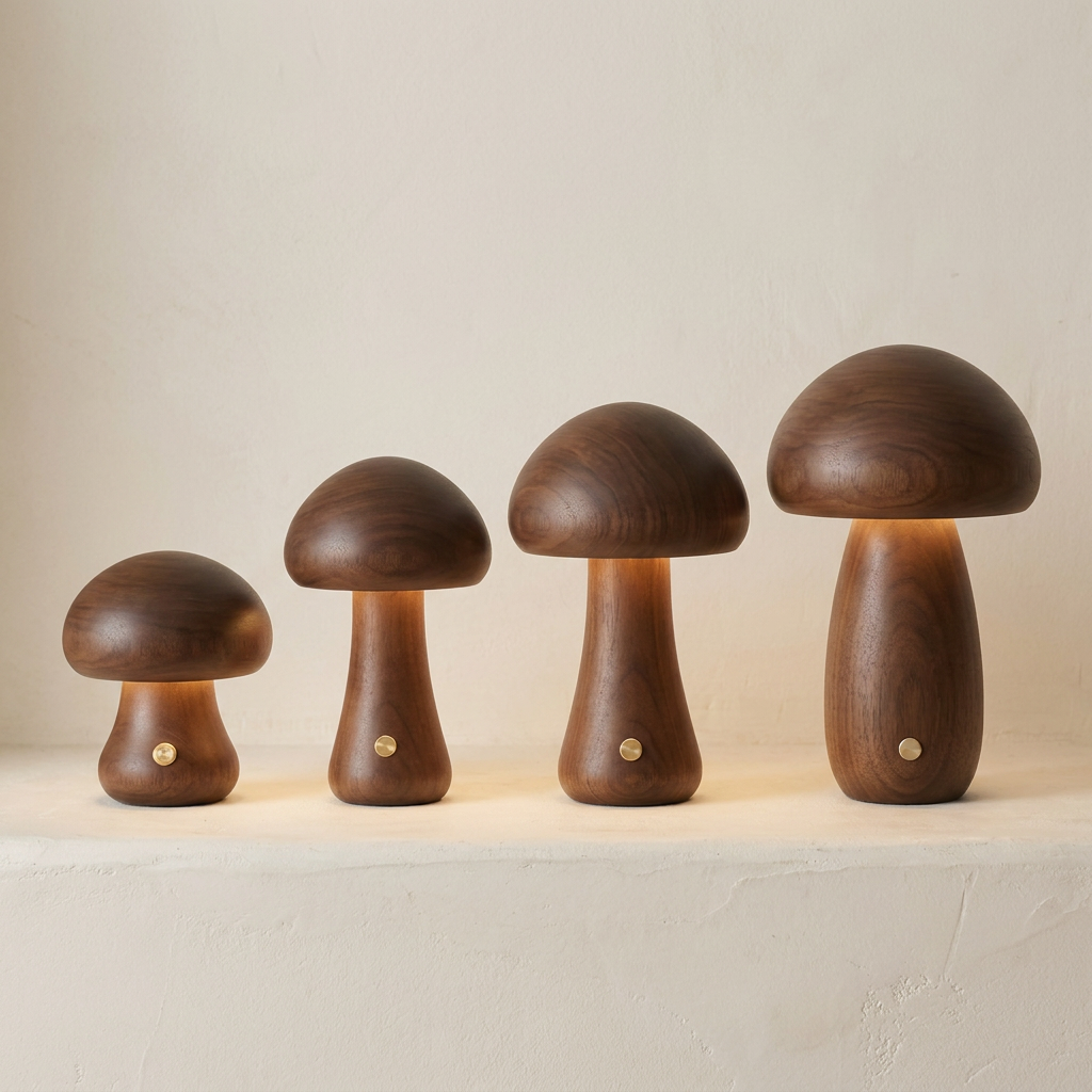Halo Glow Mushroom Wood Table Lamp Walnut bundle of all four sizes, cordless