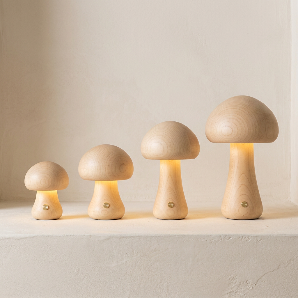 Halo Glow Mushroom Wood Table Lamp Birch bundle of all four sizes, cordless