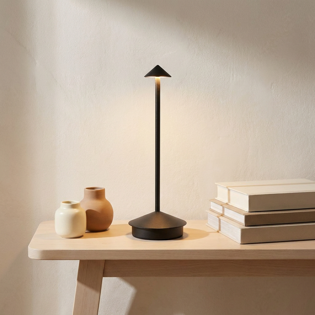 Halo Cordless Rechargeable Table Lamp on pale wood bench