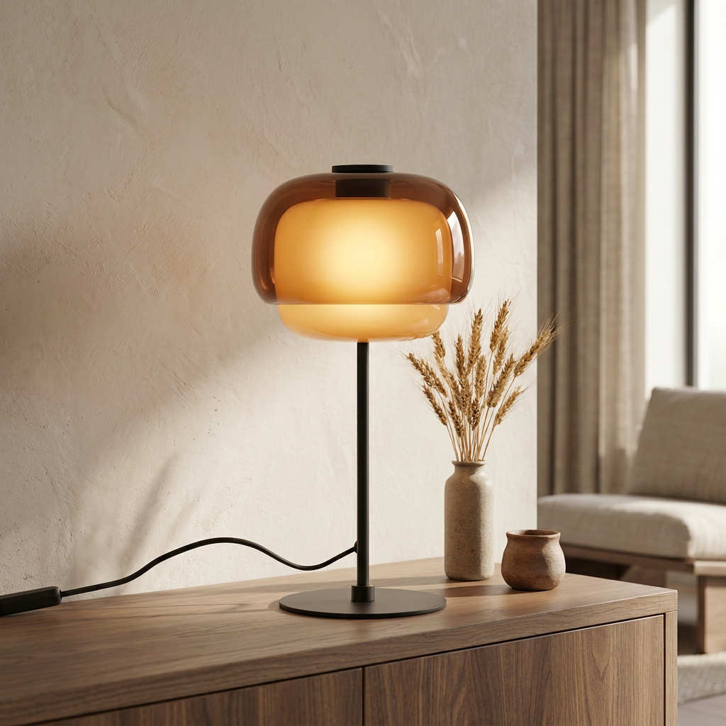 Halo Double Dome Glass Table Lamp on walnut sideboard