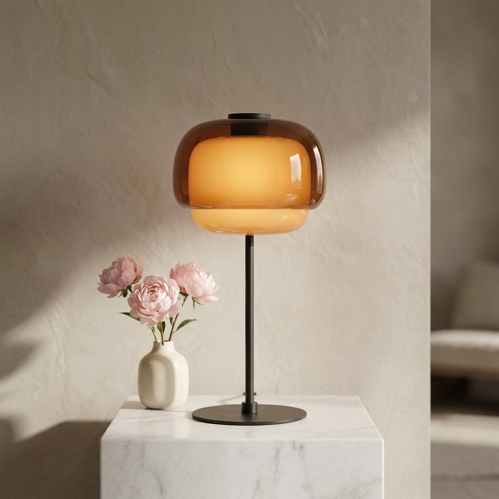Halo Double Dome Glass Table Lamp on marble plinth with peonies