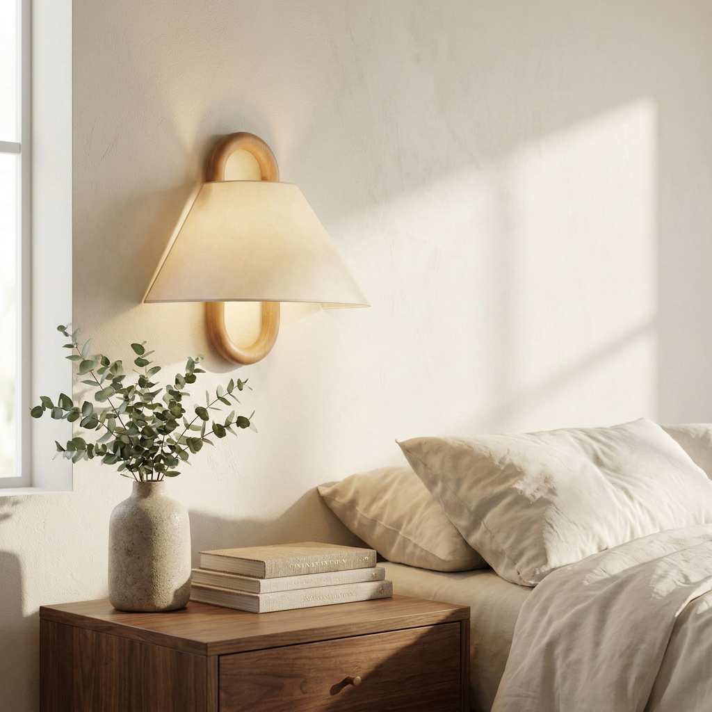 Wren Wood Pleated Fabric Wall Sconce above bedside