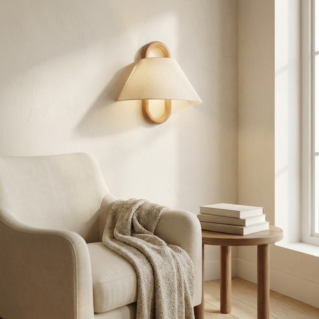 Wren Wood Pleated Fabric Wall Sconce in reading nook