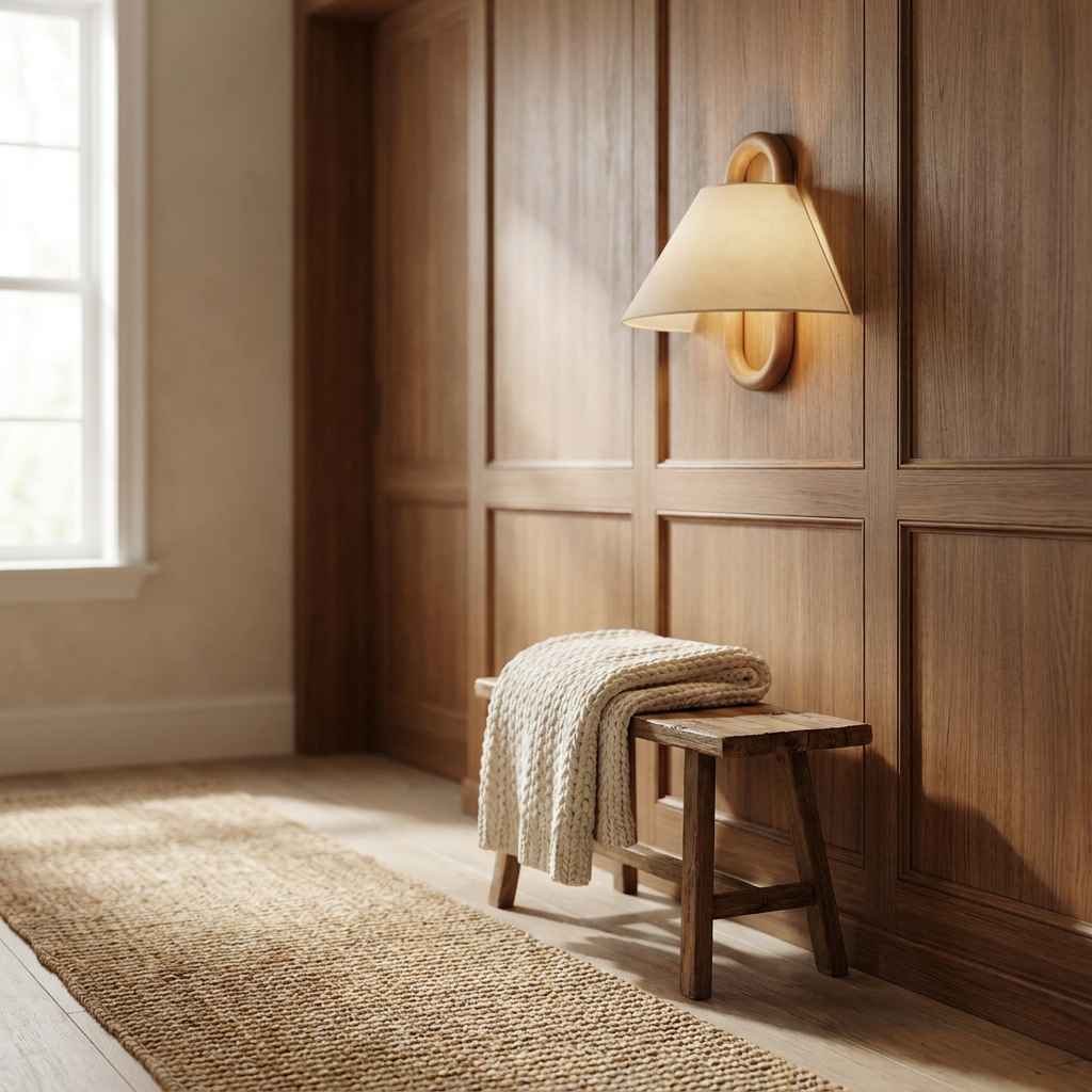 Wren Wood Pleated Fabric Wall Sconce in foyer
