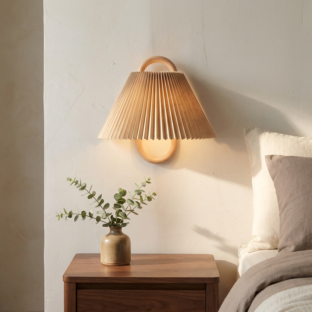 Wren Wood Pleated Fabric Wall Sconce in Beige