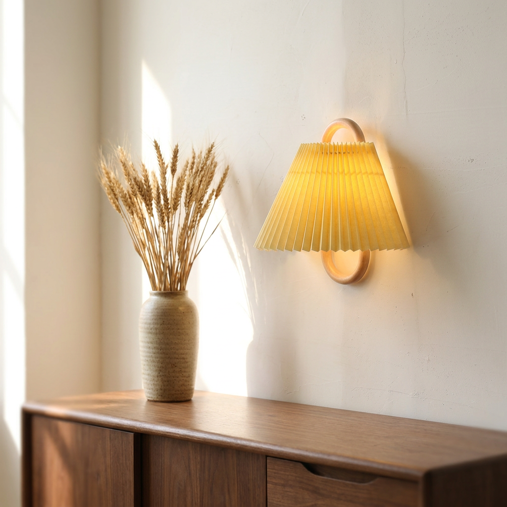 Wren Wood Pleated Fabric Wall Sconce in Yellow