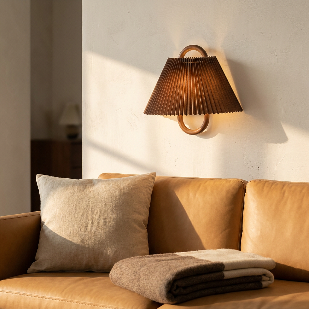 Wren Wood Pleated Fabric Wall Sconce in Coffee
