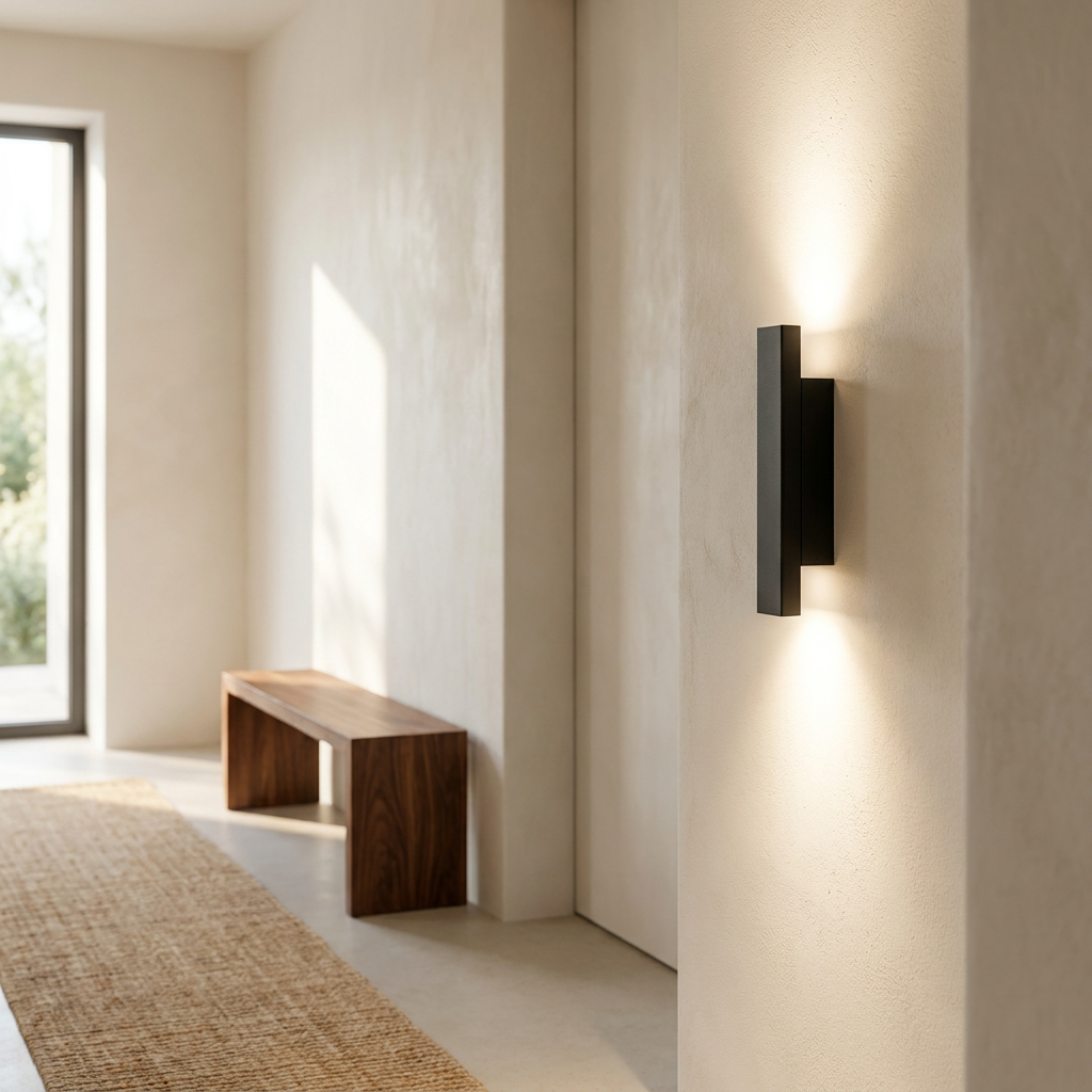 Atlas Nordic Up Down Outdoor Wall Sconce in indoor hallway