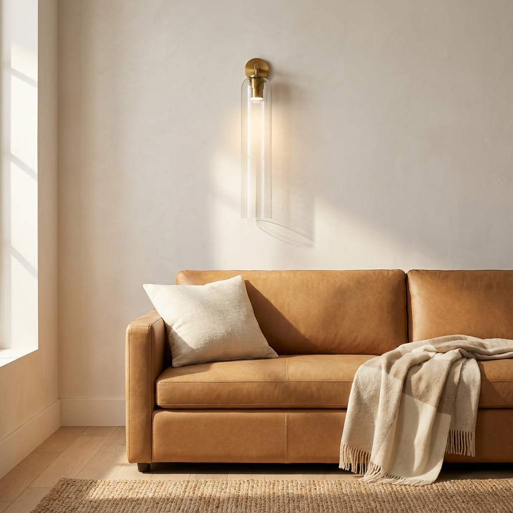 Wren Vertical Glass Tube Wall Sconce above sofa
