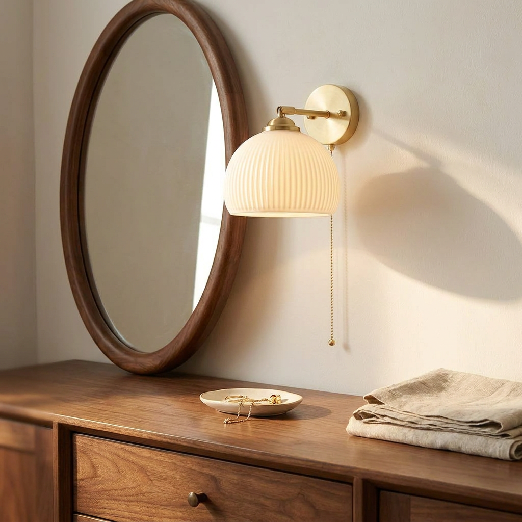 Wren Milk Glass Pull Cord Wall Sconce bedroom dresser