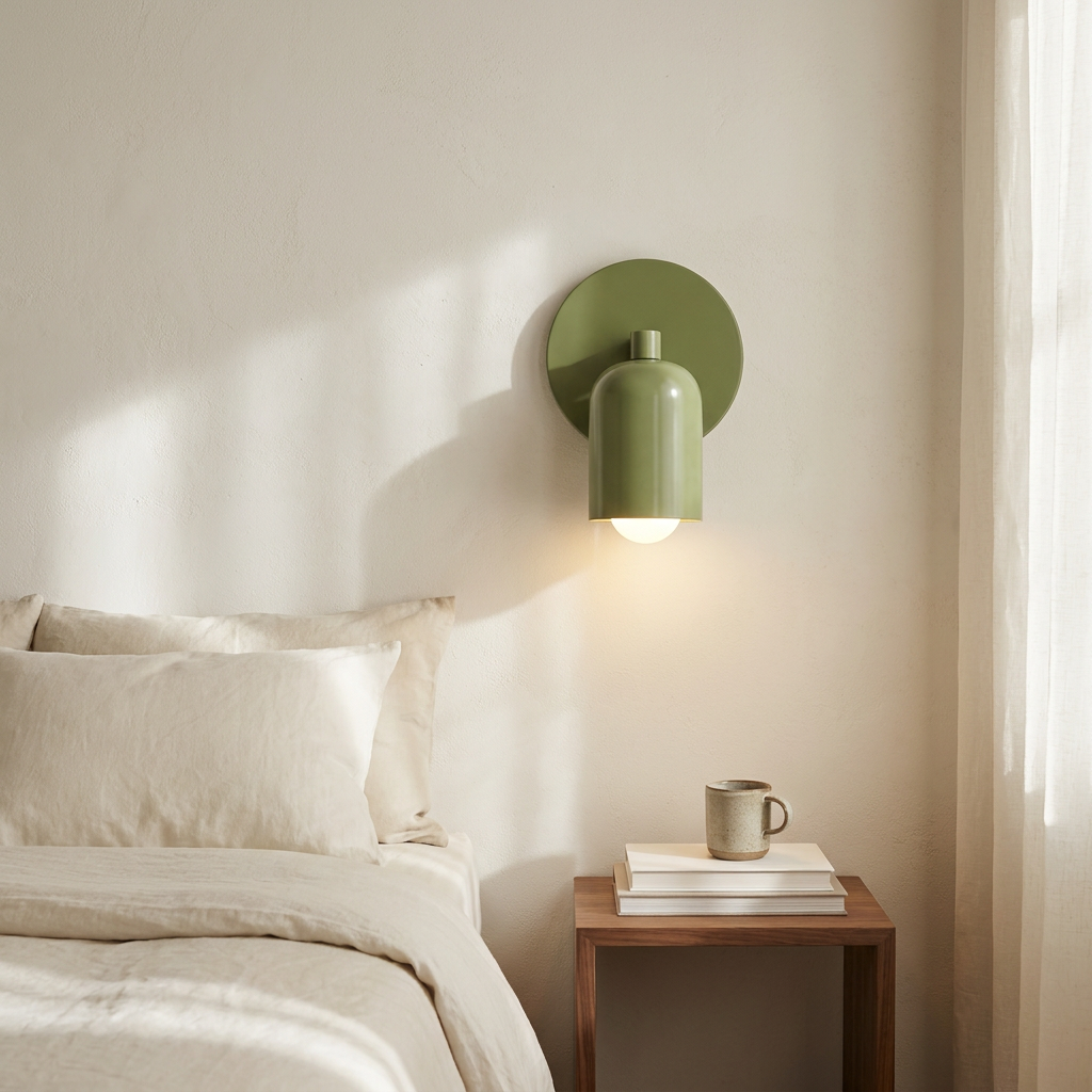 Wren Iron LED Wall Sconce in green, bedroom bedside hero