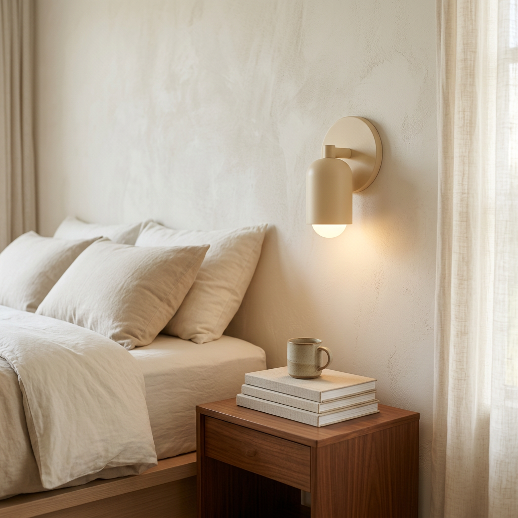 Wren Iron LED Wall Sconce in beige, bedroom