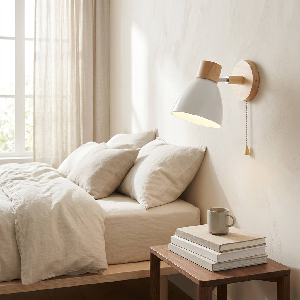 Wren Nordic Wood in white, bedroom bedside hero