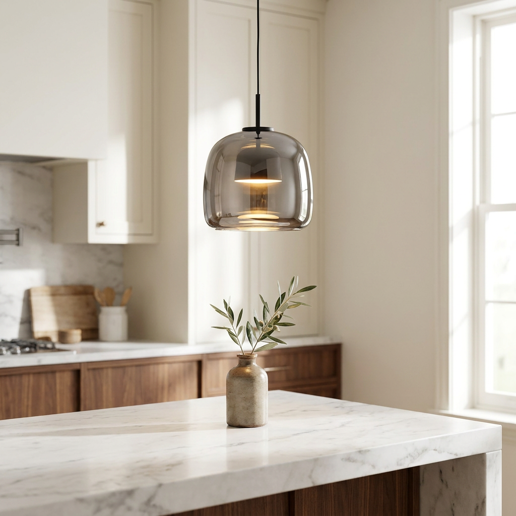 Aurora Smoked Glass Kitchen Pendant Light hanging above a marble kitchen island