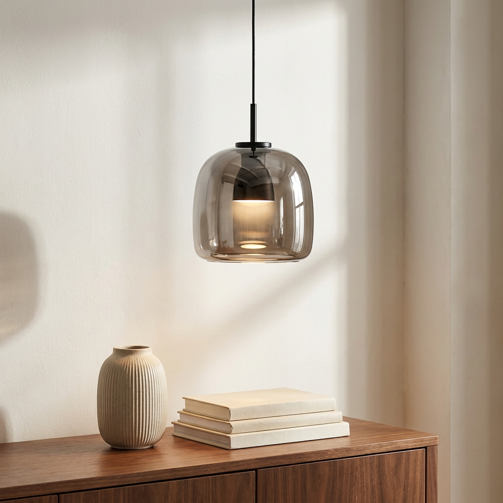 Aurora Smoked Glass pendant above a walnut console