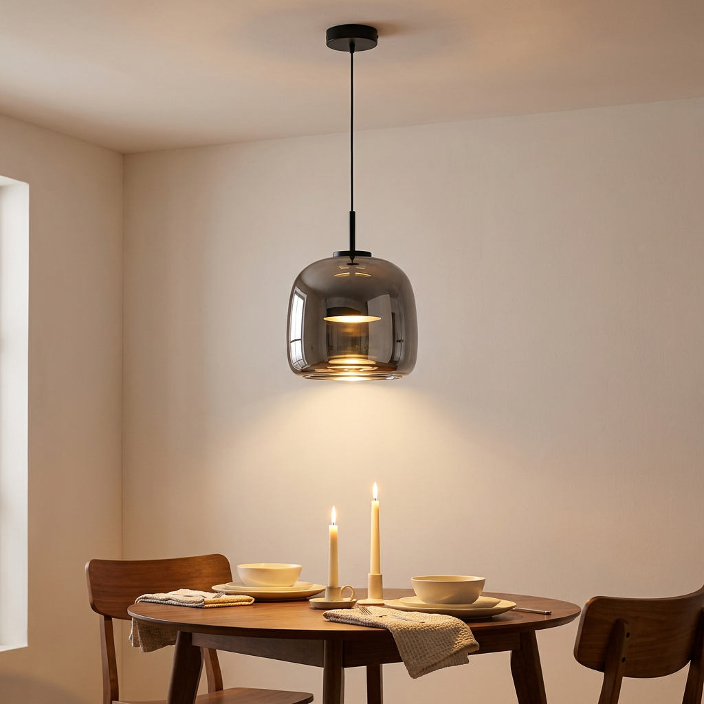 Aurora Smoked Glass pendant over an evening dining table
