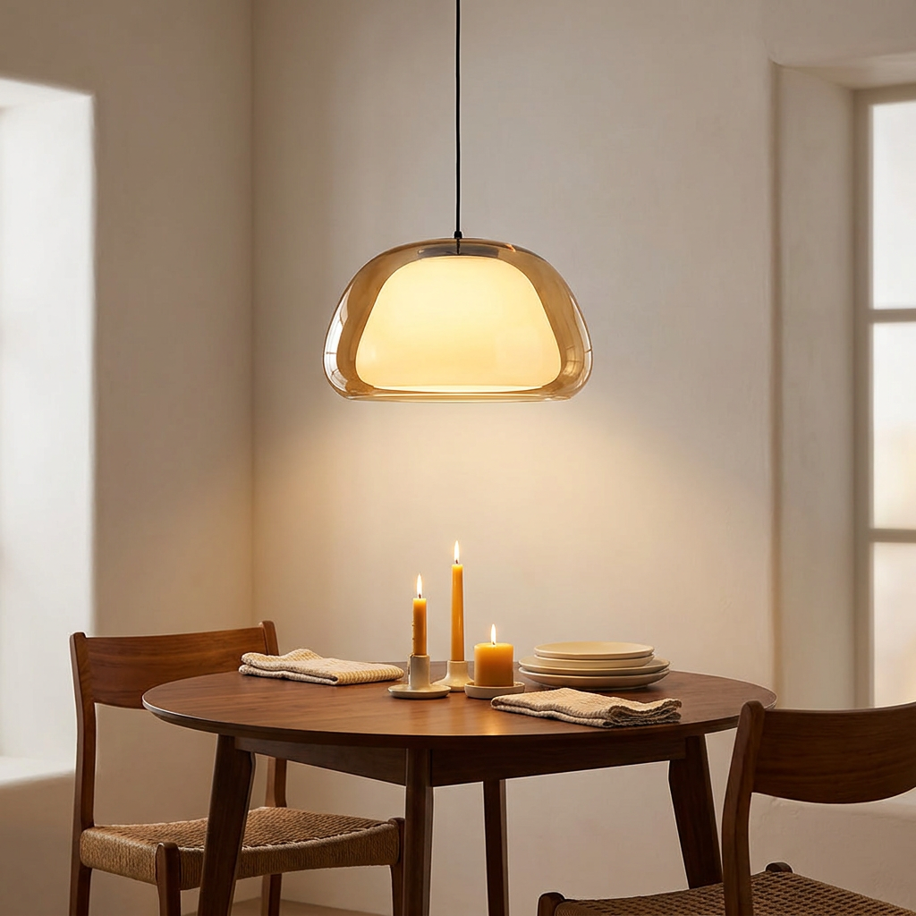 Aurora Milk Glass Jelly pendant over an evening dining table