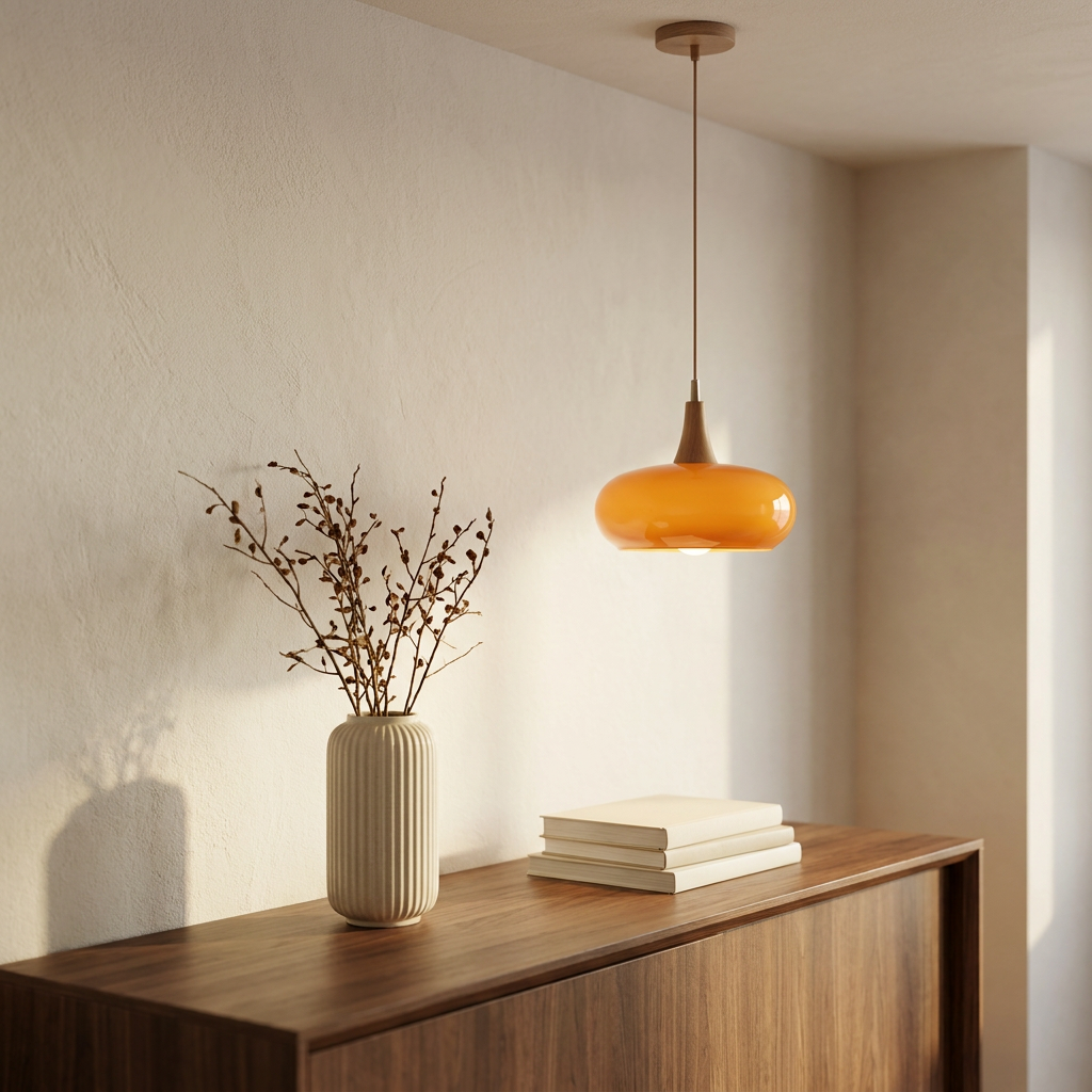 Aurora Japandi Wood pendant above a walnut console