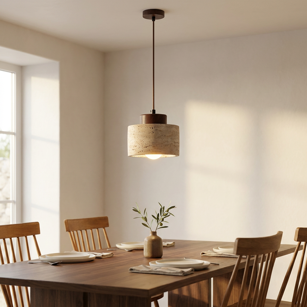 Aurora Travertine Stone Pendant Light above a dining table
