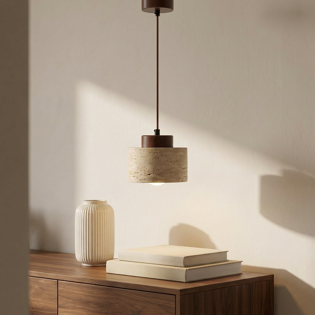 Aurora Travertine Stone pendant above a walnut console