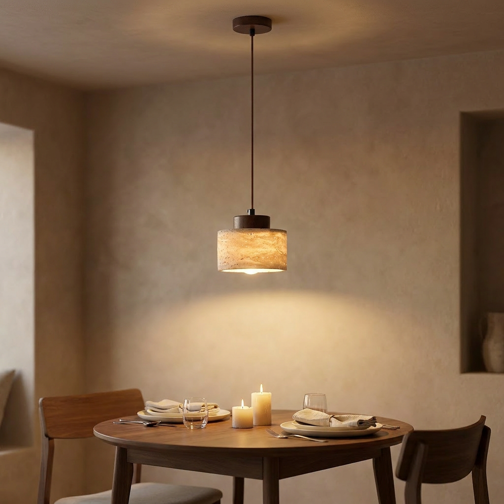 Aurora Travertine Stone pendant over an evening dining table