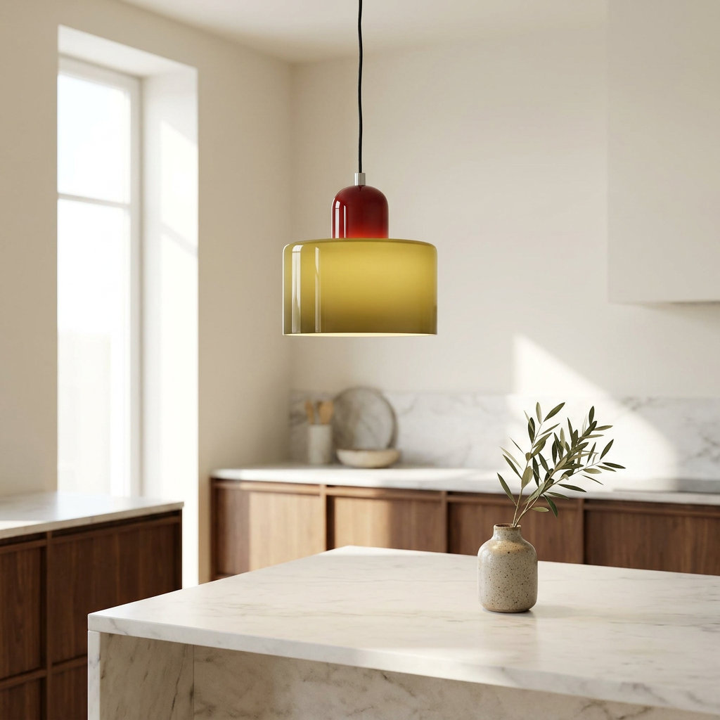 Aurora Bauhaus Round Glass Pendant Light above a kitchen island