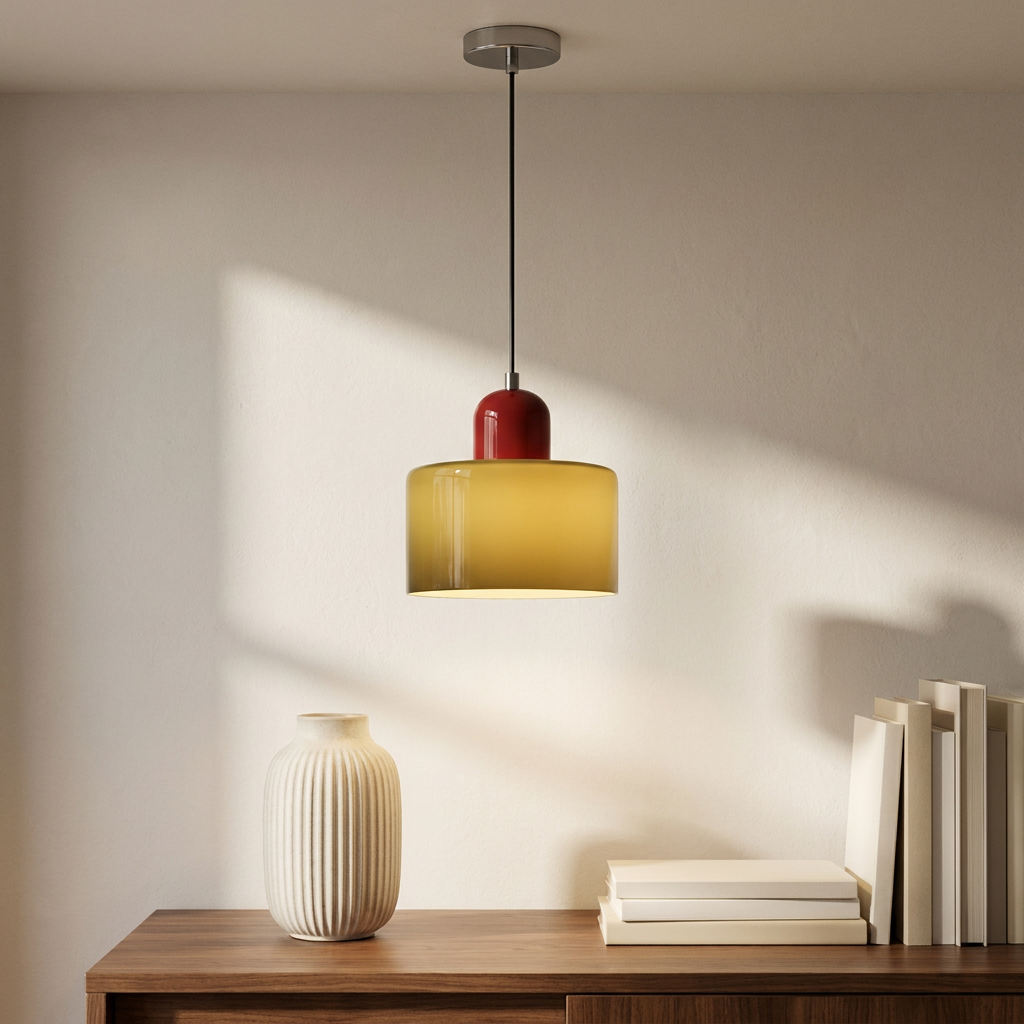 Aurora Bauhaus Round pendant above a walnut console