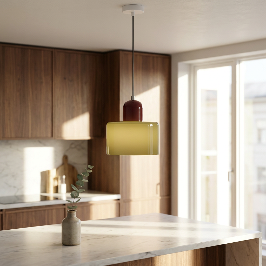 Aurora Bauhaus Round pendant above a bright kitchen island