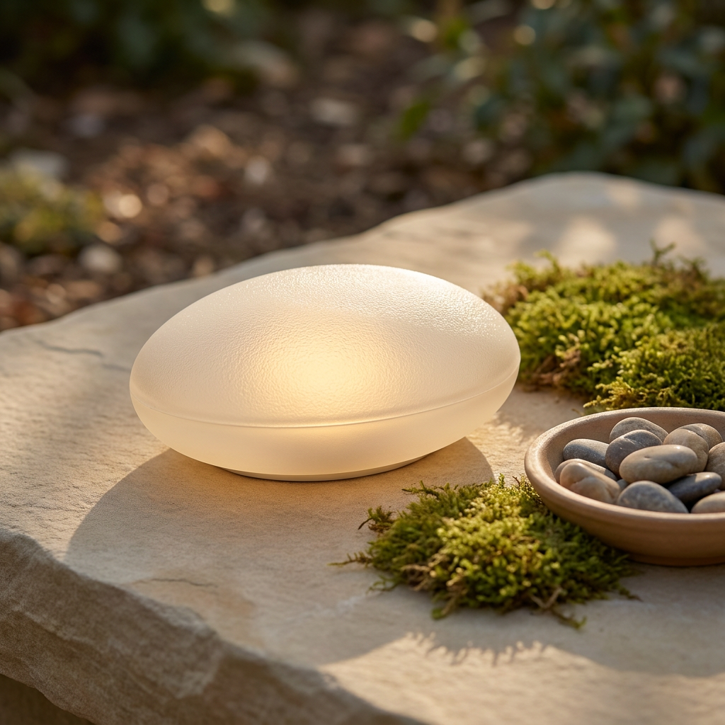 Atlas Pebble Solar Landscape Light - close vignette on stone slab