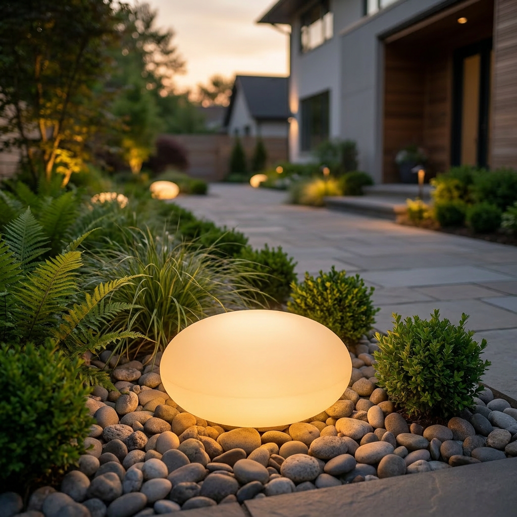 Atlas Pebble Solar Landscape Light - soft evening warm glow