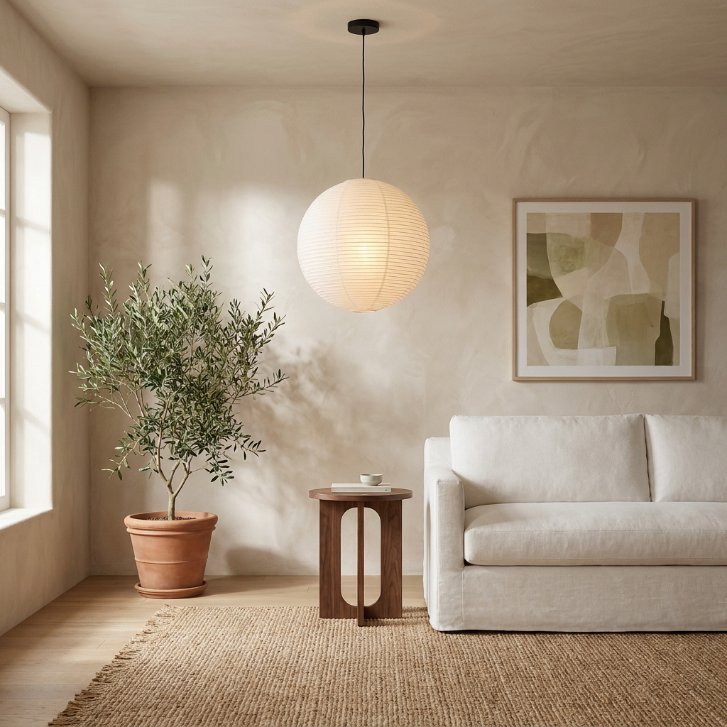 Aurora Cotton Paper Pendant Light - living room lifestyle