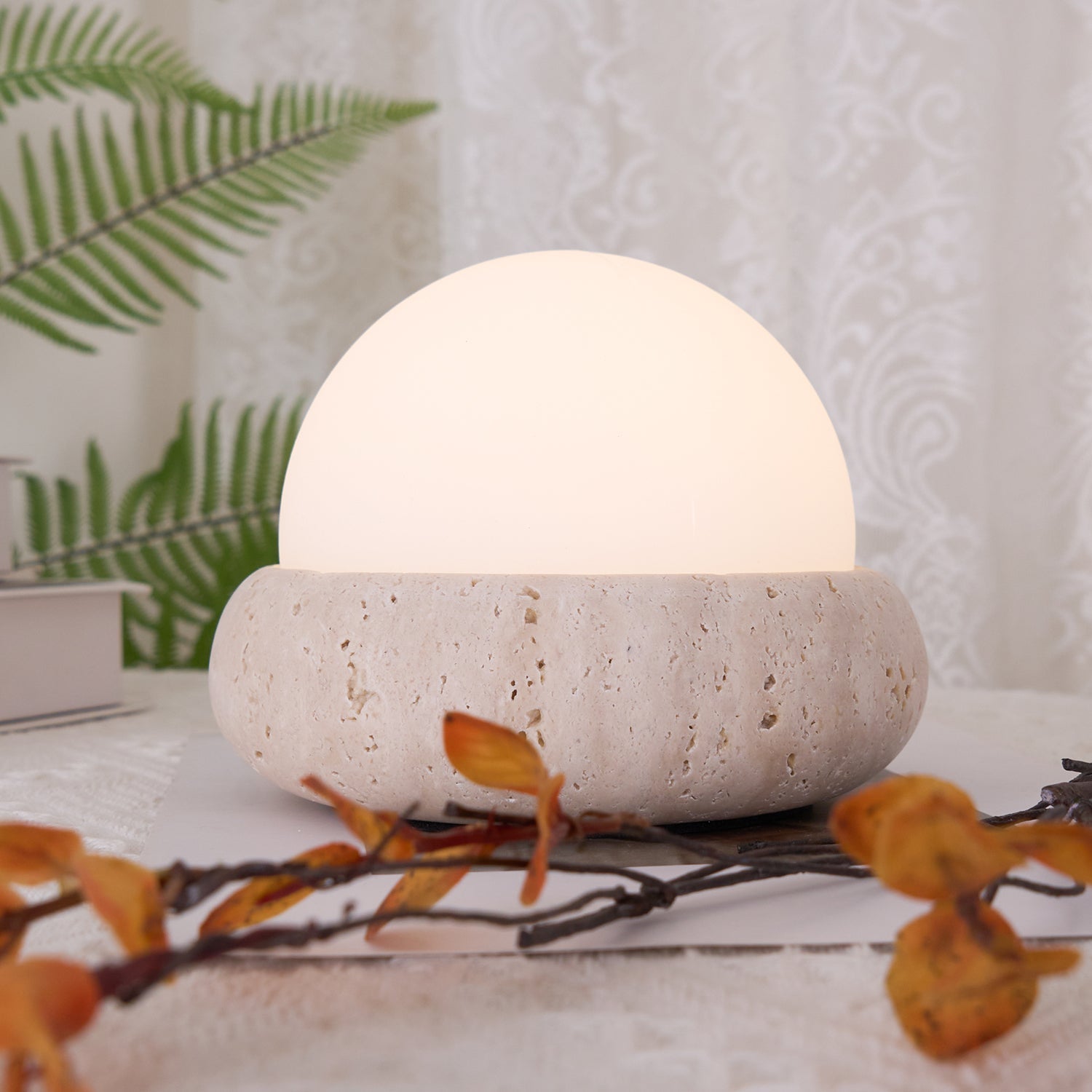 Halo Travertine Globe Table Lamp