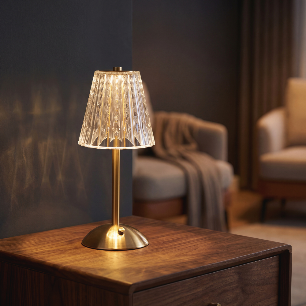 Cordless Diamond Crystal LED Table Lamp - Gold Finish